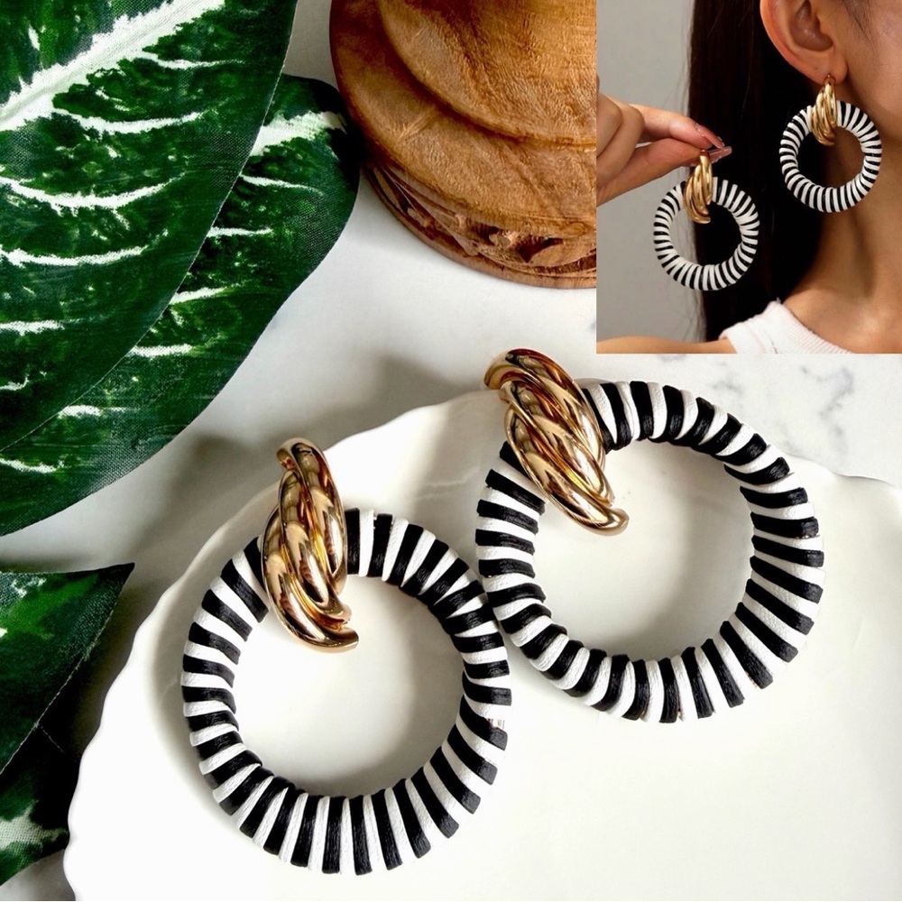 2/$30🌵 Gold Curved Black White Wrapped Hoop Earrings Circle Statement Gift NEW
